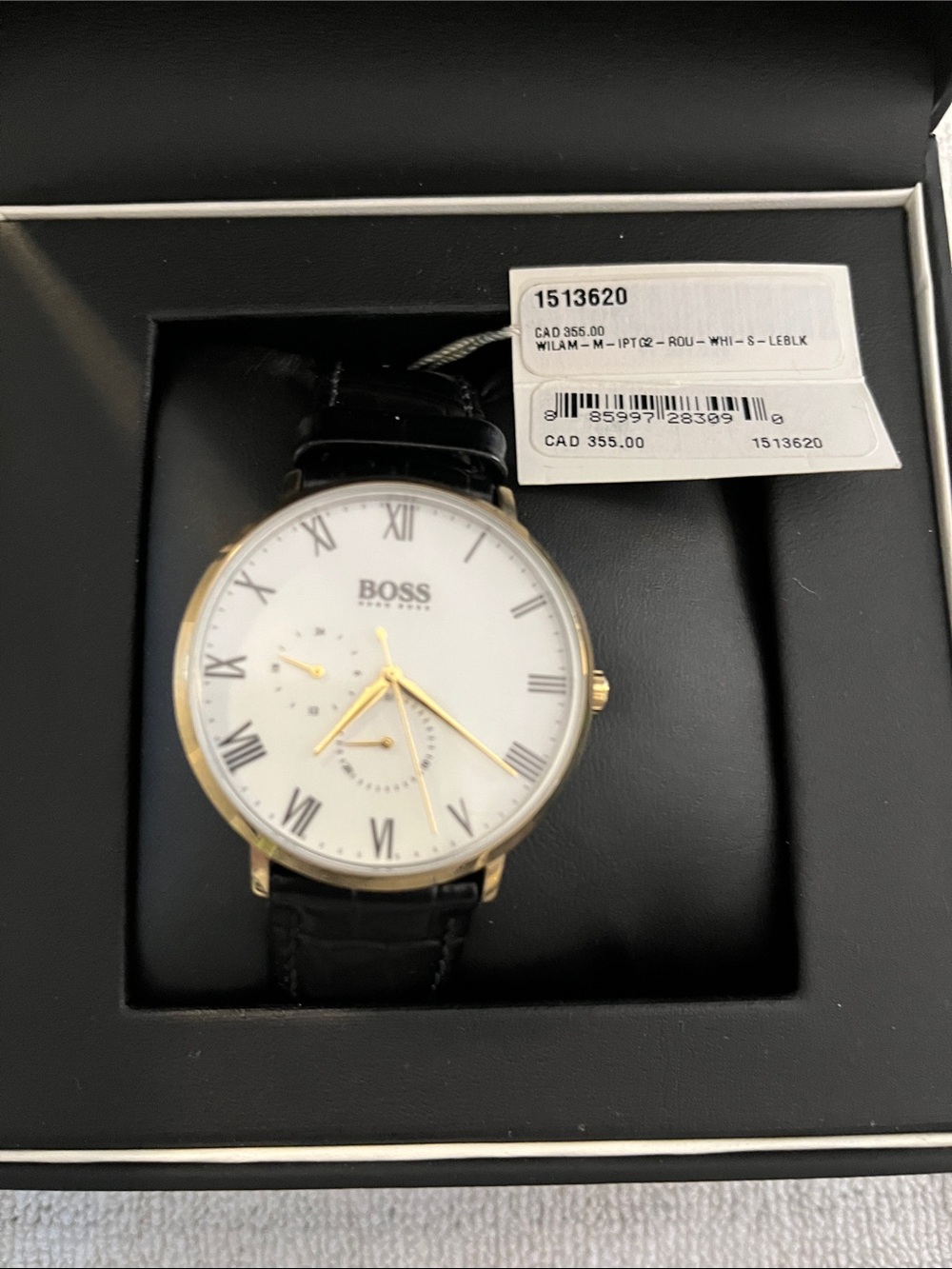 Hugo Boss Men's White Dial Gold Case Black Leather Strap Watch EUC - Picture 2 of 12